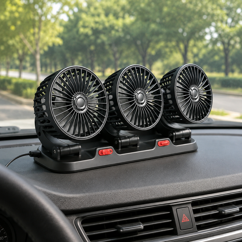 USB Car Fan – 3-Head 360° Rotating Cooling Fan for Cars